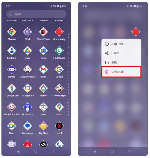 اختر التطبيق المراد حذفه تطبيقات OnePlus